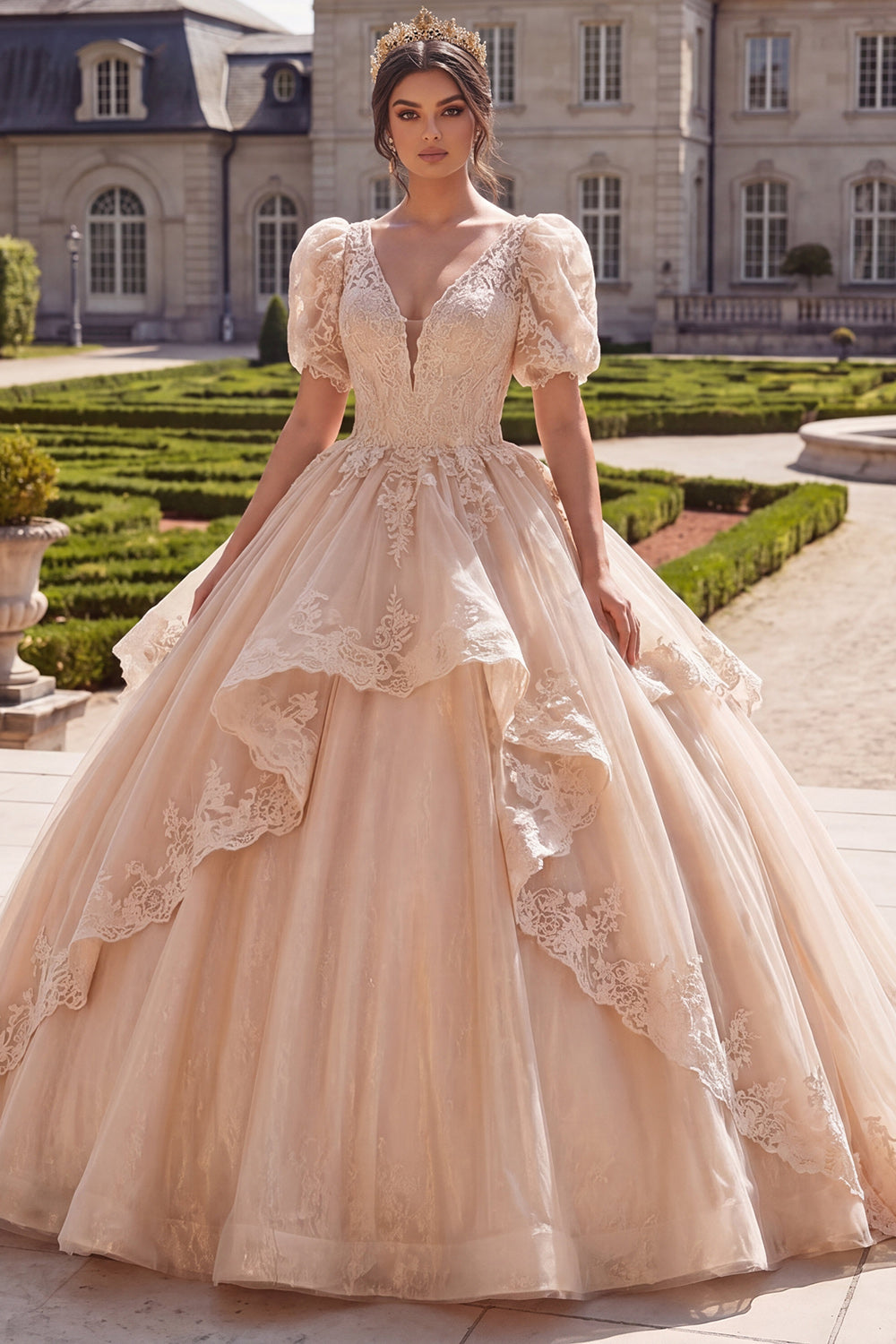 Puff Sleeves Ruffled Ball Gown Champagne Long Quinceanera Dress