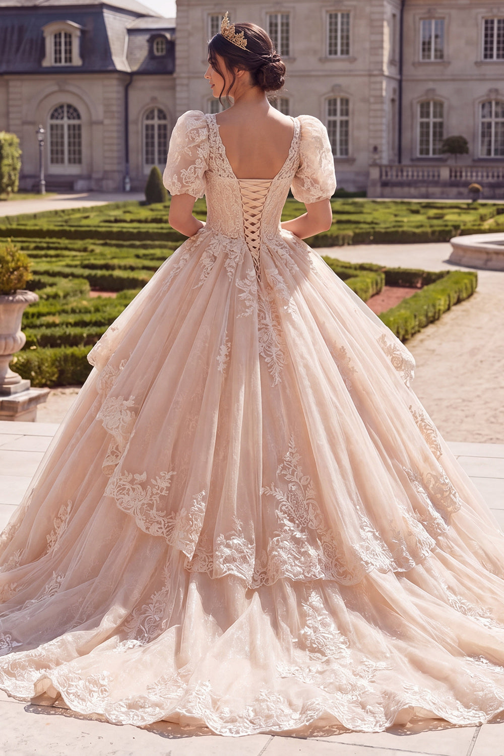 Puff Sleeves Ruffled Ball Gown Champagne Long Quinceanera Dress