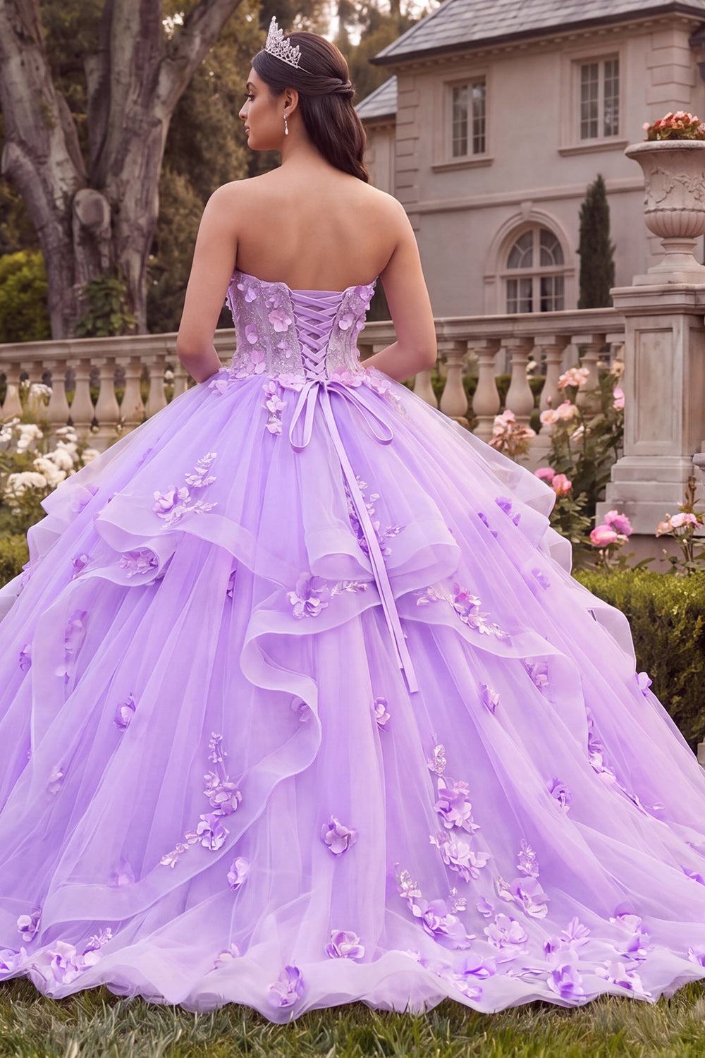 Ruffled Lilac Floral Corset Ball Gown Sweetheart Princess Long Quinceanera Dress