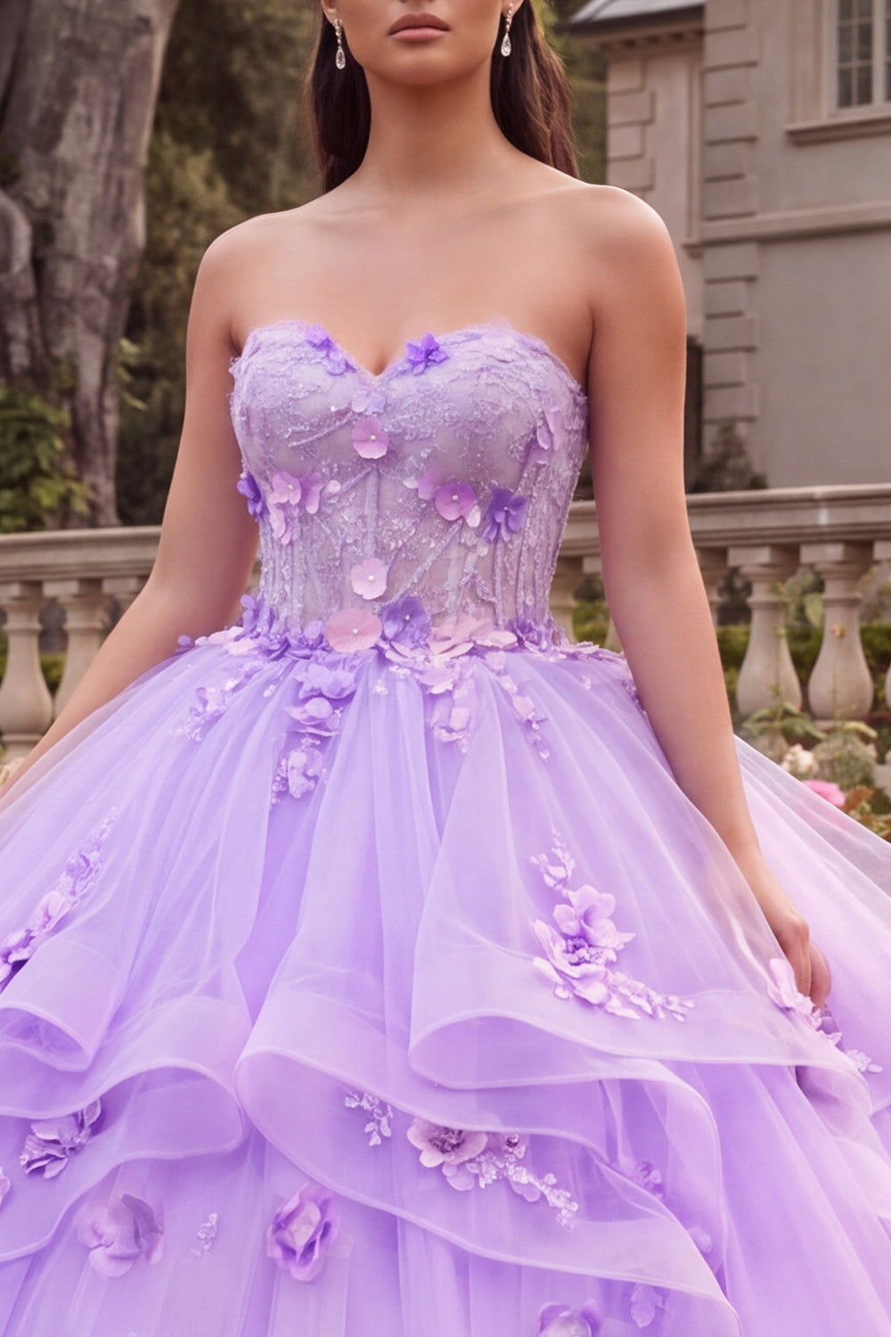 Ruffled Lilac Floral Corset Ball Gown Sweetheart Princess Long Quinceanera Dress