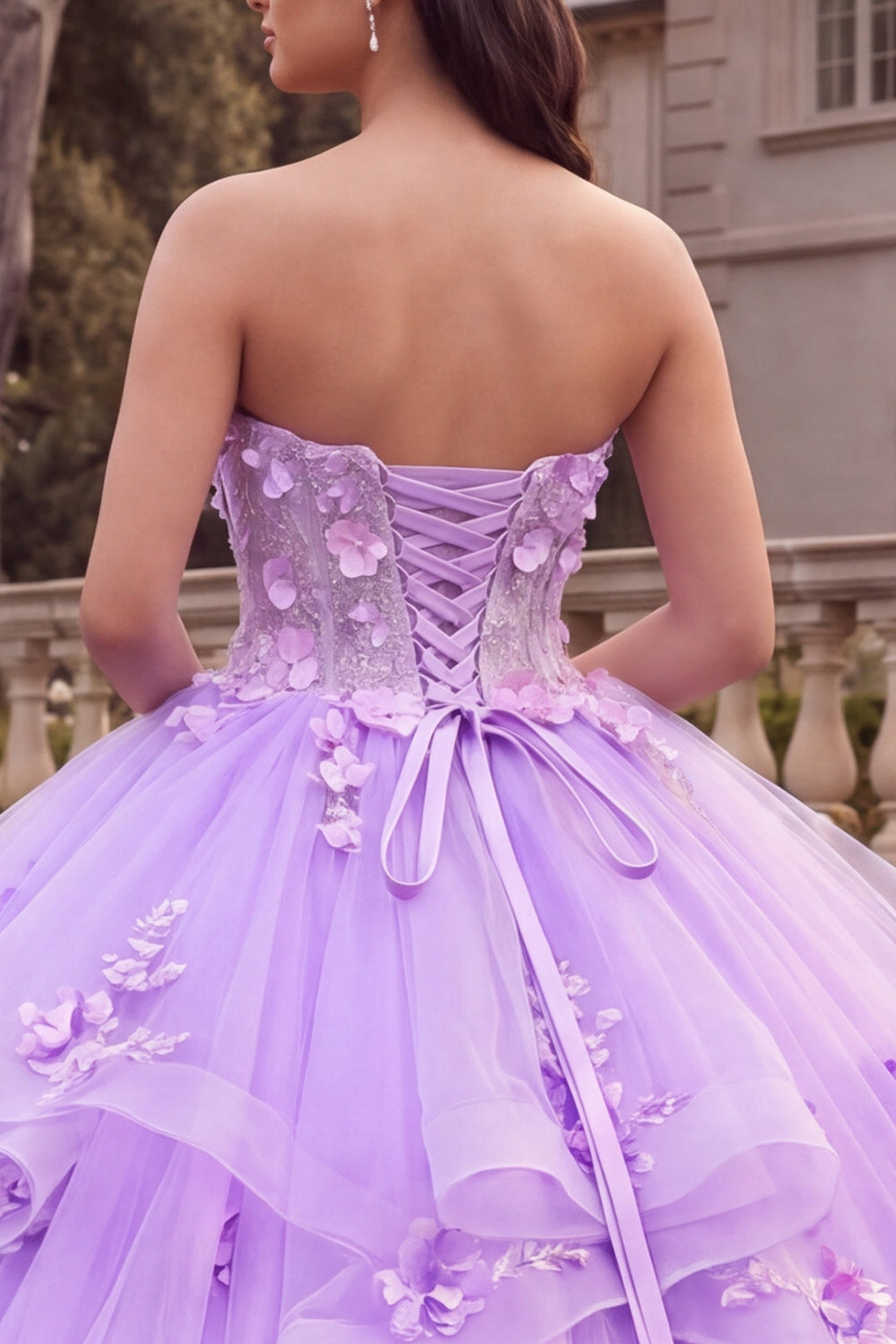 Ruffled Lilac Floral Corset Ball Gown Sweetheart Princess Long Quinceanera Dress