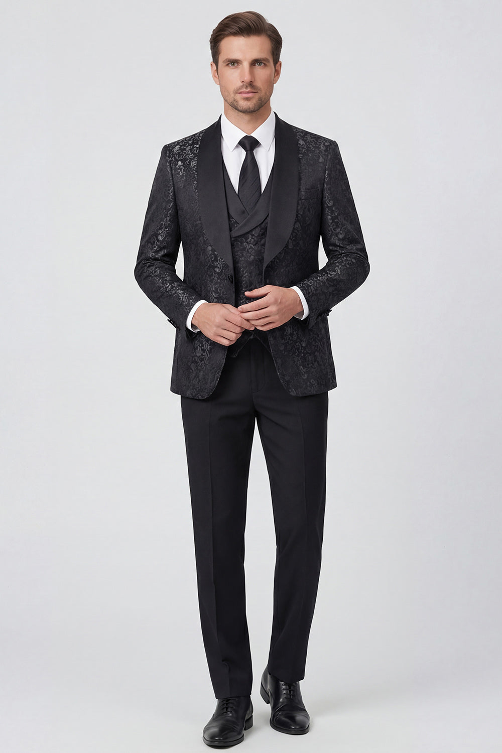 3 Piece Printed Black Shawl Lapel One Button Men's Prom Suits