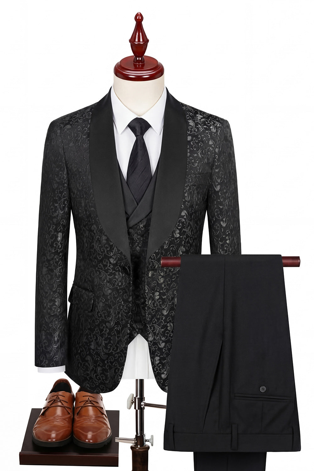 3 Piece Printed Black Shawl Lapel One Button Men's Prom Suits