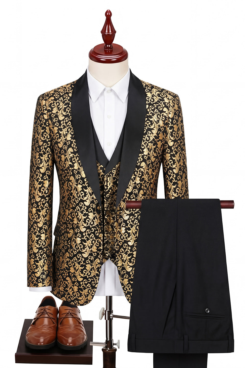 3 Piece Printed Black Shawl Lapel One Button Men's Prom Suits
