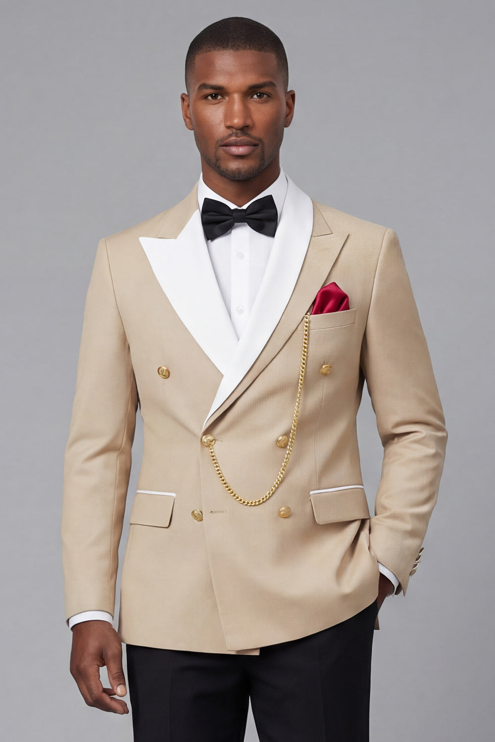 2 Piece Double Breasted Champagne Peak Lapel Men's Prom Suits