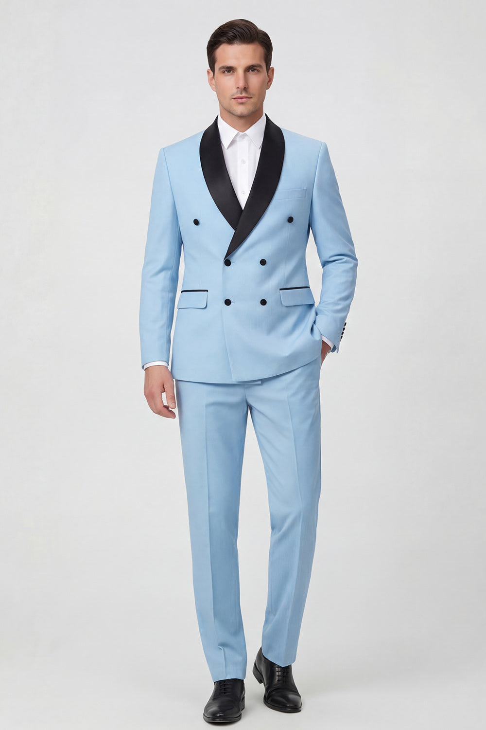 Light Blue 2 Piece Shawl Lapel Double Breasted Men's Prom Suits with Pockets