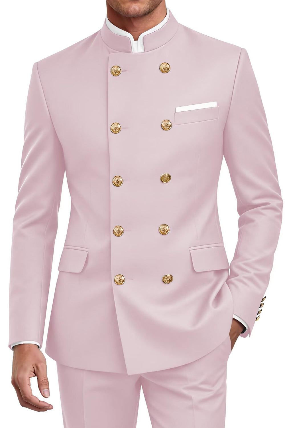 Leely Men Navy Suits 2 Piece Double Breasted Formal Suits with Pockets