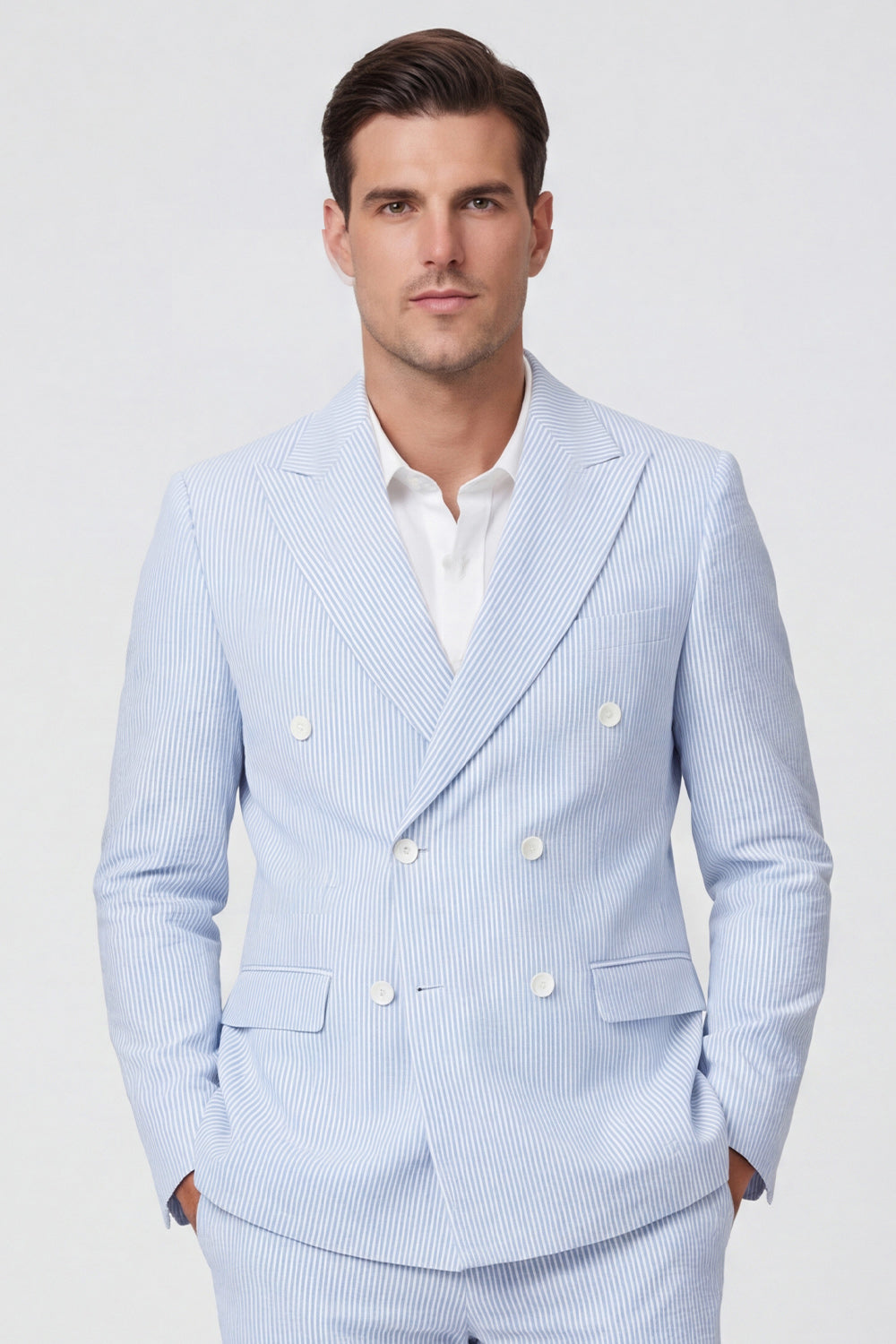2 Piece Light Blue Peak Lapel Double Breasted Men's Party Suits