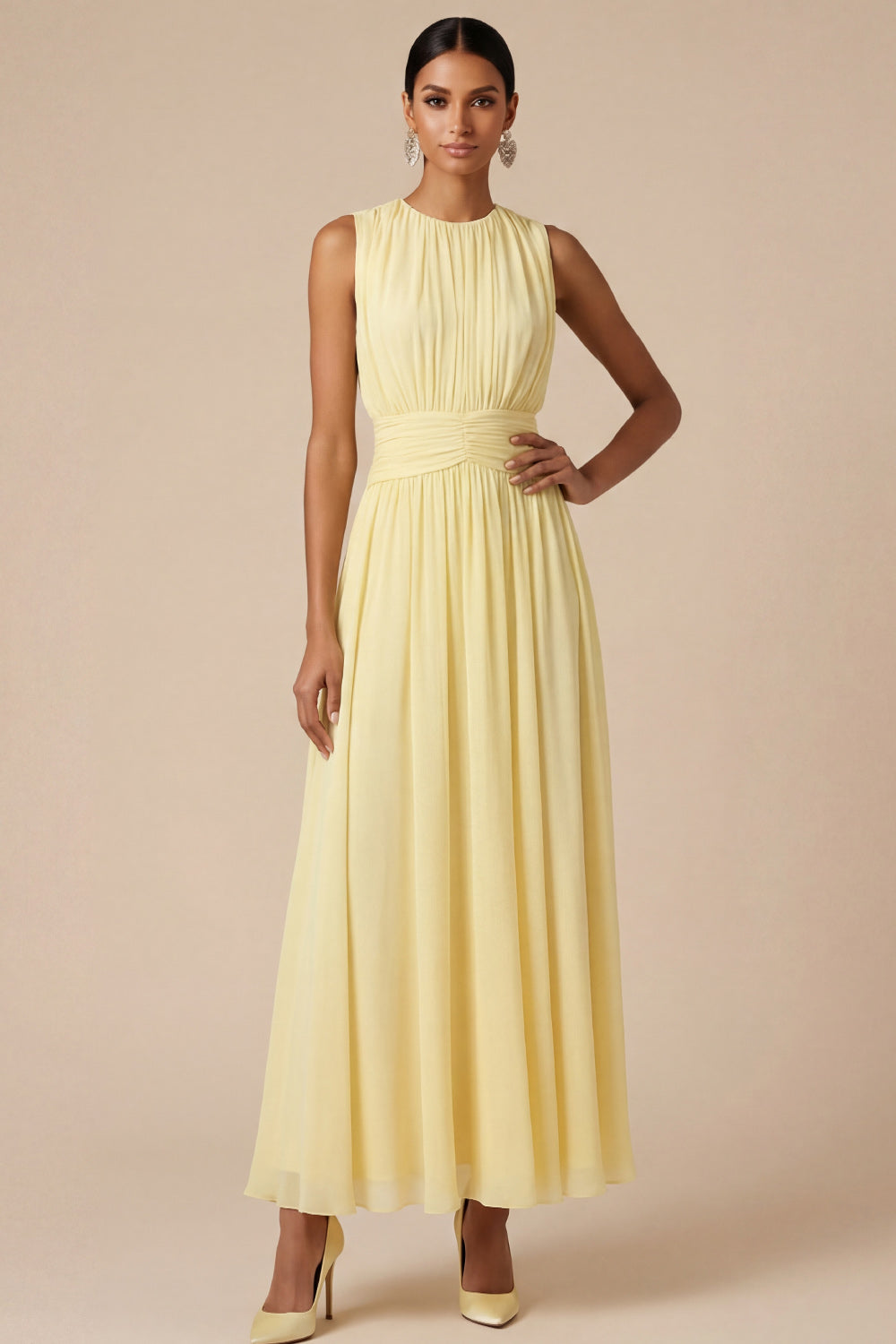 Light Yellow Jewel Neck A Line Long Wedding Guest Dress