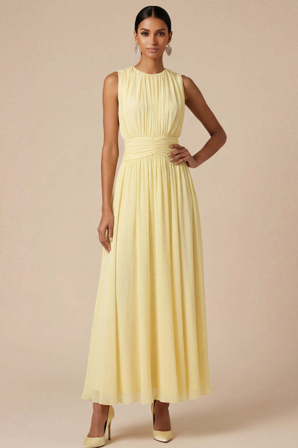 Leely Women Light Yellow Midi Beach Wedding Guest DressJewel Neck A Line Ruched Formal Dress