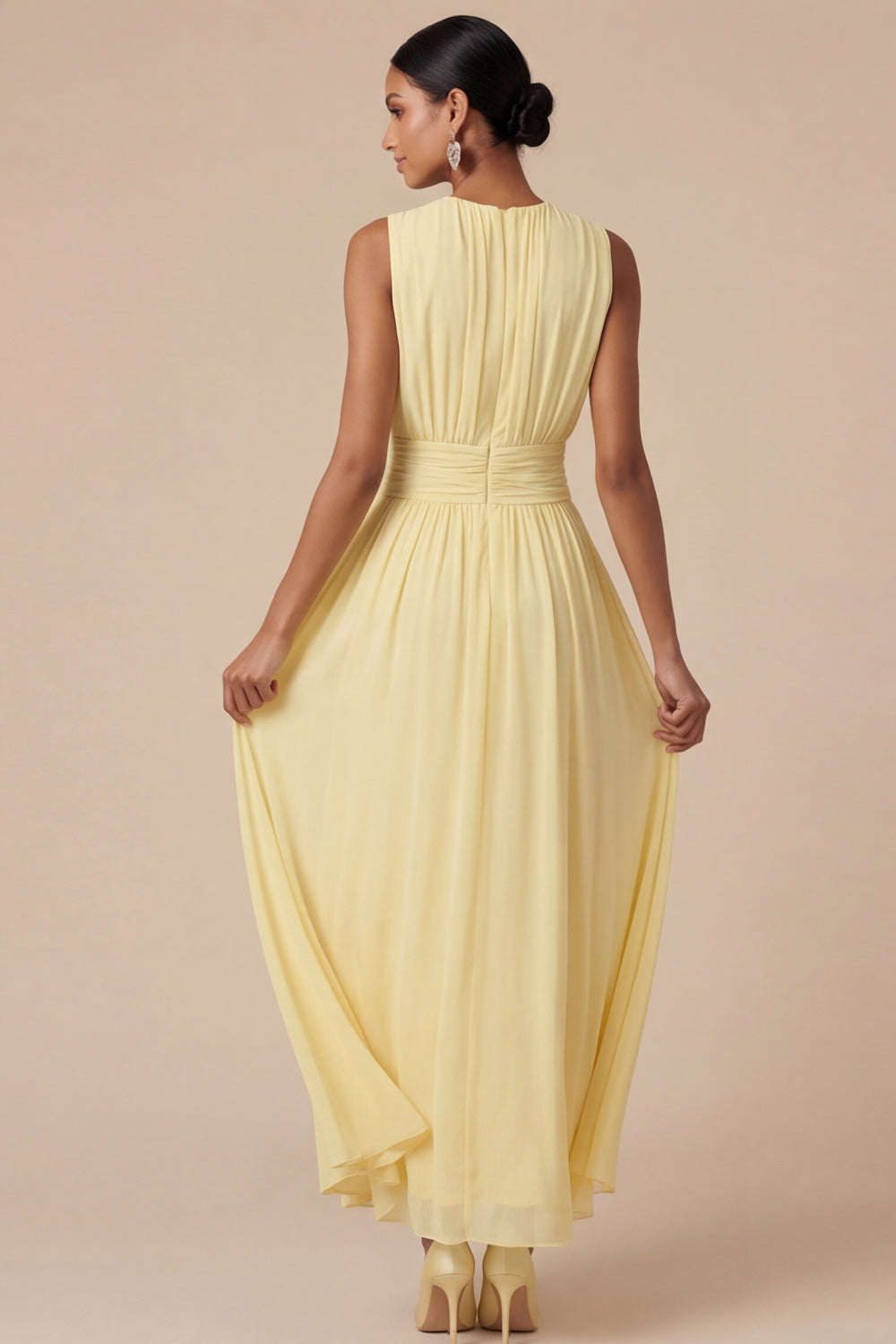 Light Yellow Jewel Neck A Line Long Wedding Guest Dress