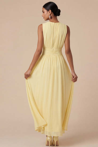 Light Yellow Jewel Neck A Line Long Wedding Guest Dress