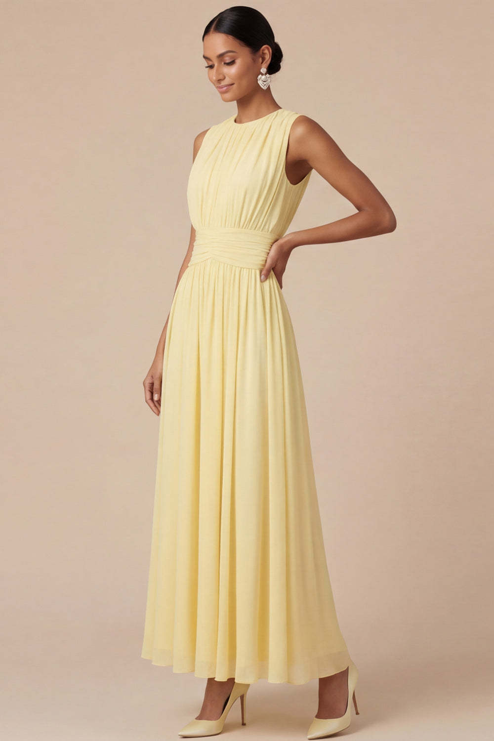Light Yellow Jewel Neck A Line Long Wedding Guest Dress