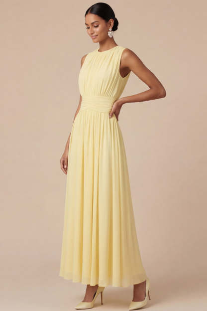 Light Yellow Jewel Neck A Line Long Wedding Guest Dress