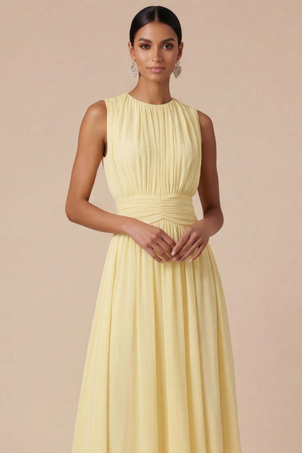 Light Yellow Jewel Neck A Line Long Wedding Guest Dress