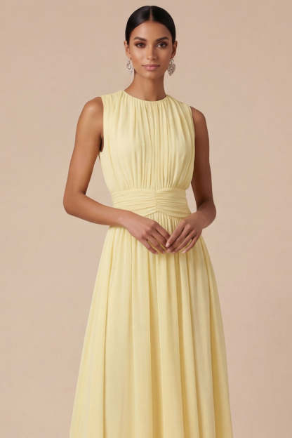 Light Yellow Jewel Neck A Line Long Wedding Guest Dress