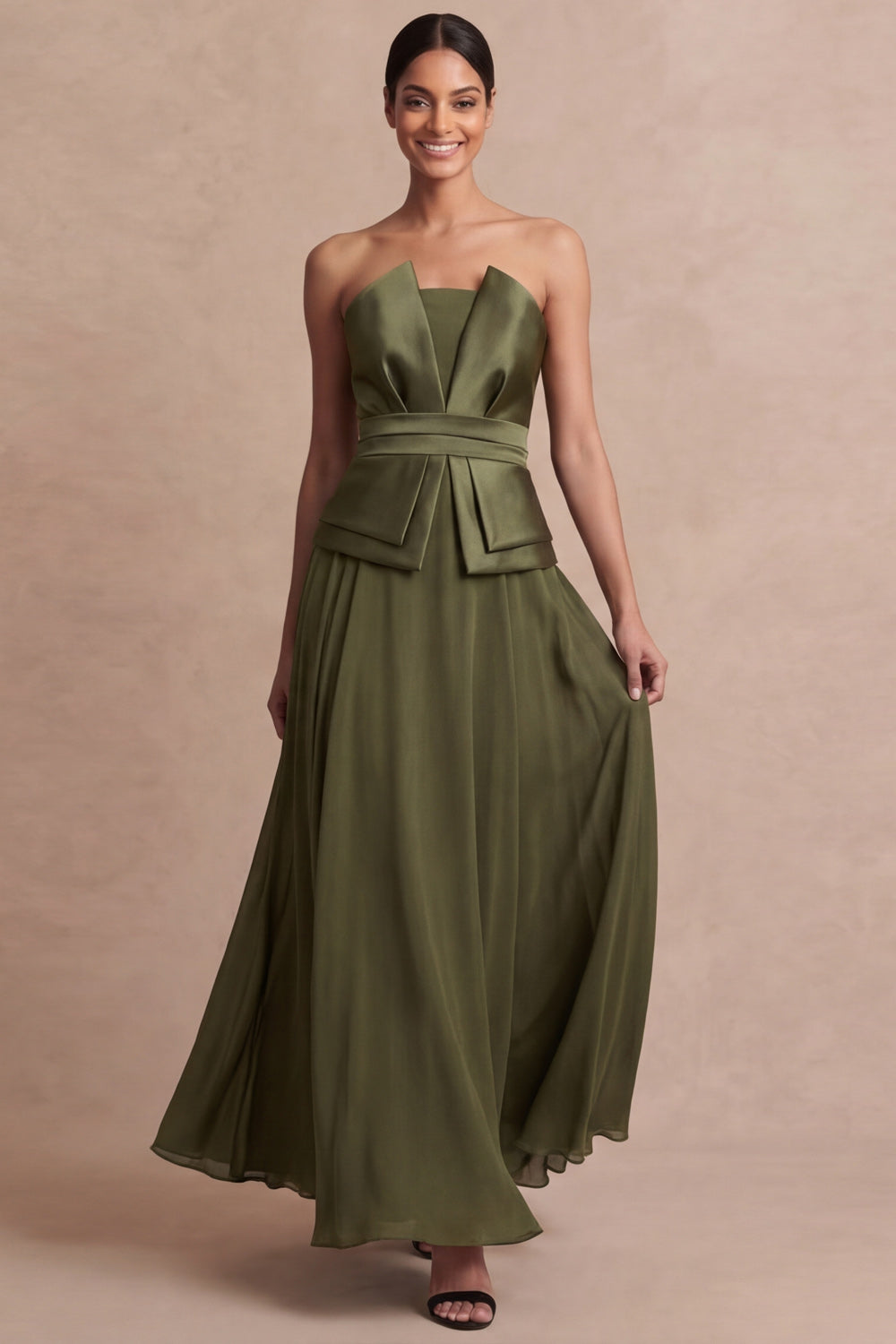 Olive Green Strapless A Line Long Wedding Guest Dress