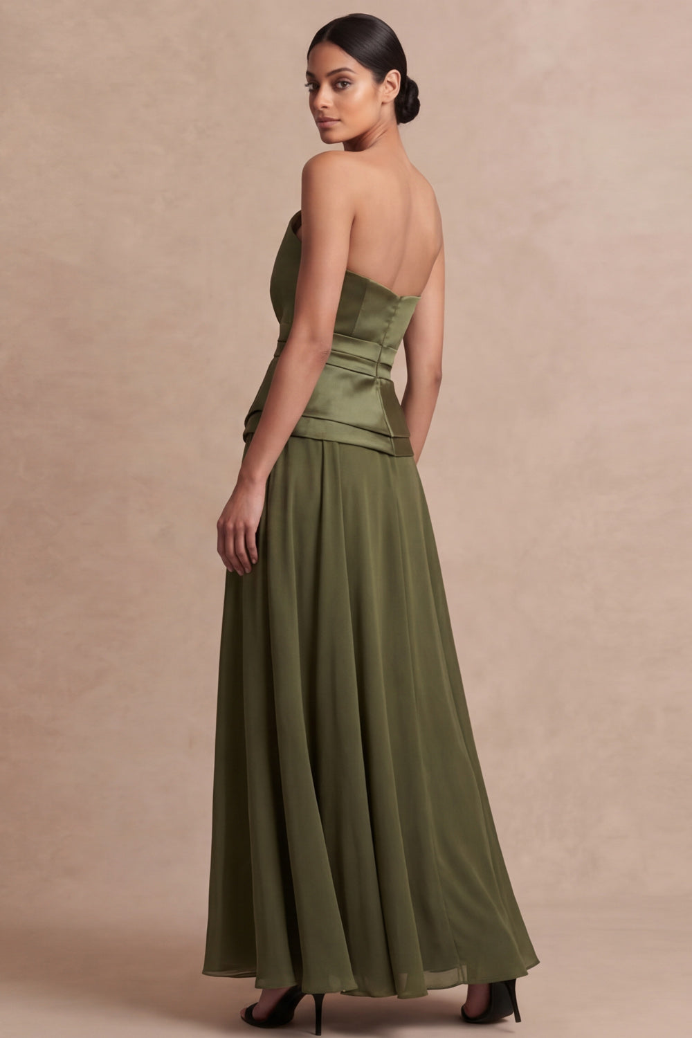 Olive Green Strapless A Line Long Wedding Guest Dress