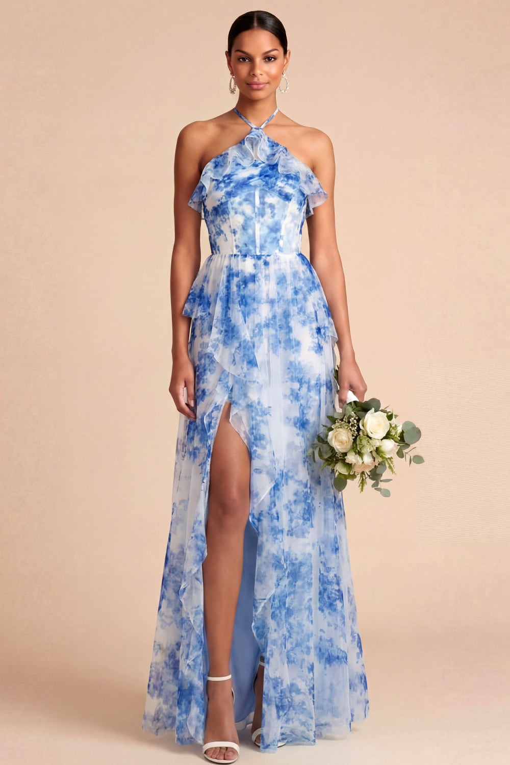 Leely Women Blue Floral Printed Long Wedding Guest Dress Halter Neck Corset Ruffled Tiered Bridesmaid Dress with Slit