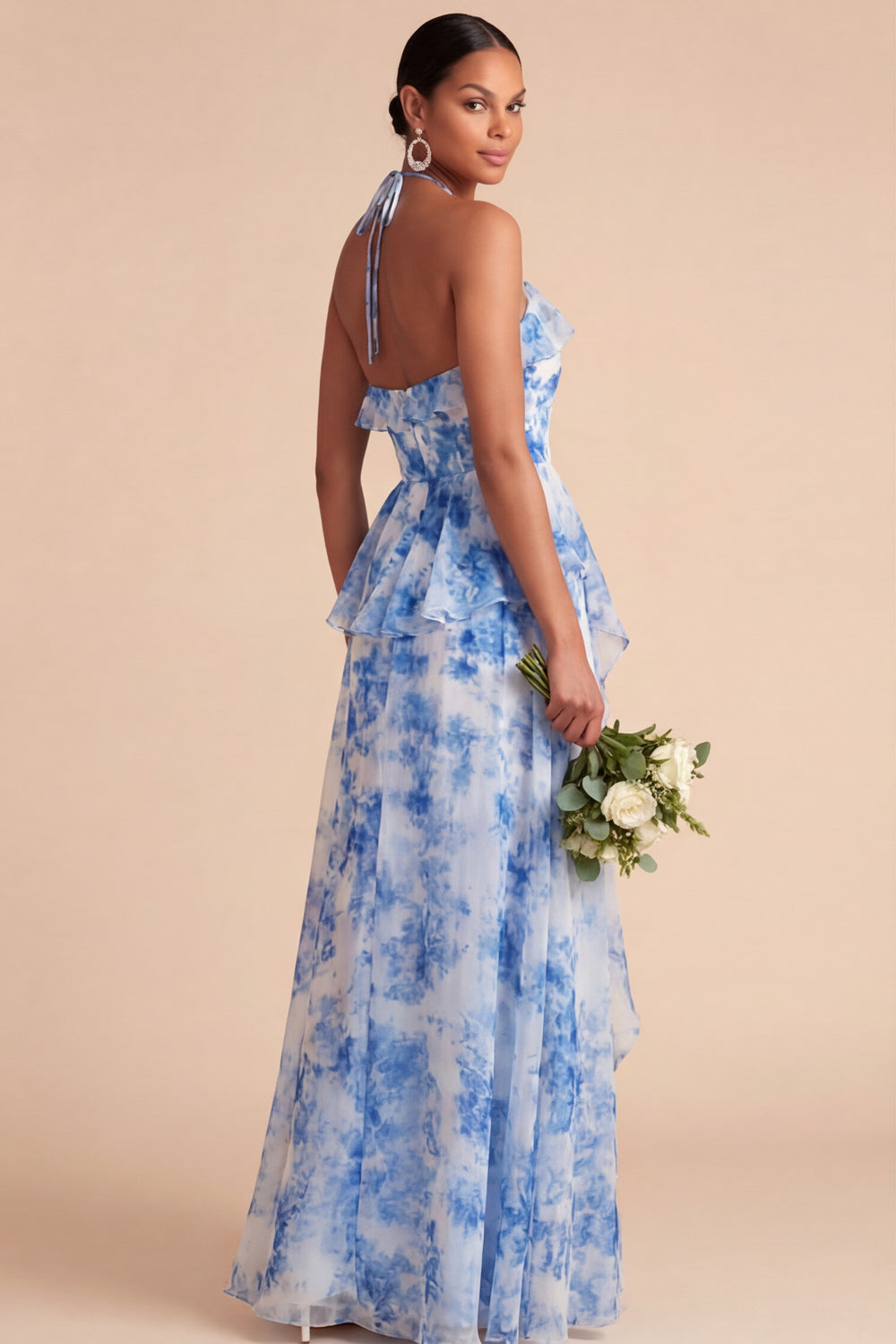 Blue Floral Printed Halter Corset Ruffled Long Wedding Guest Dress with Slit