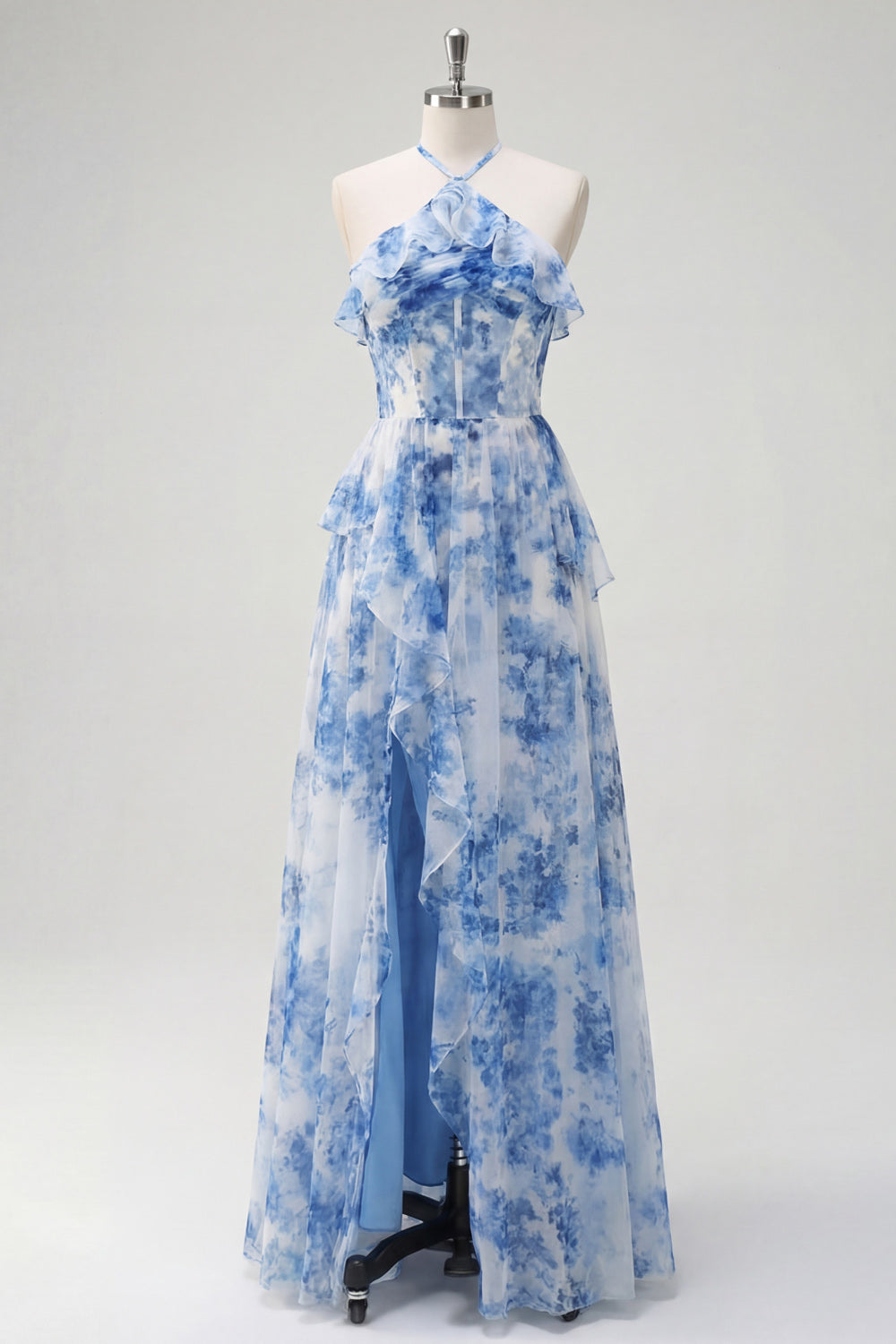 Blue Floral Printed Halter Corset Ruffled Long Wedding Guest Dress with Slit