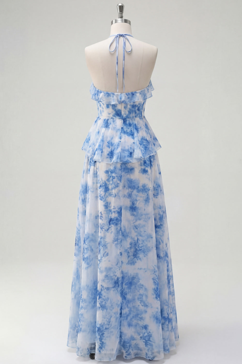 Blue Floral Printed Halter Corset Ruffled Long Wedding Guest Dress with Slit