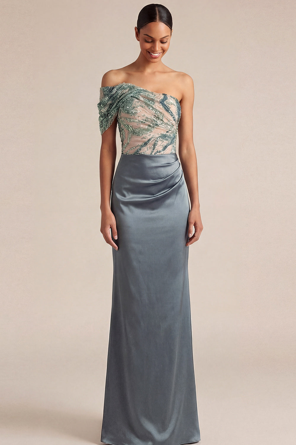 Leely Women One Shoulder Ruched Dusty Blue Satin Long Wedding Guest Dress Sheath Backless Sleeveless Evening Dress