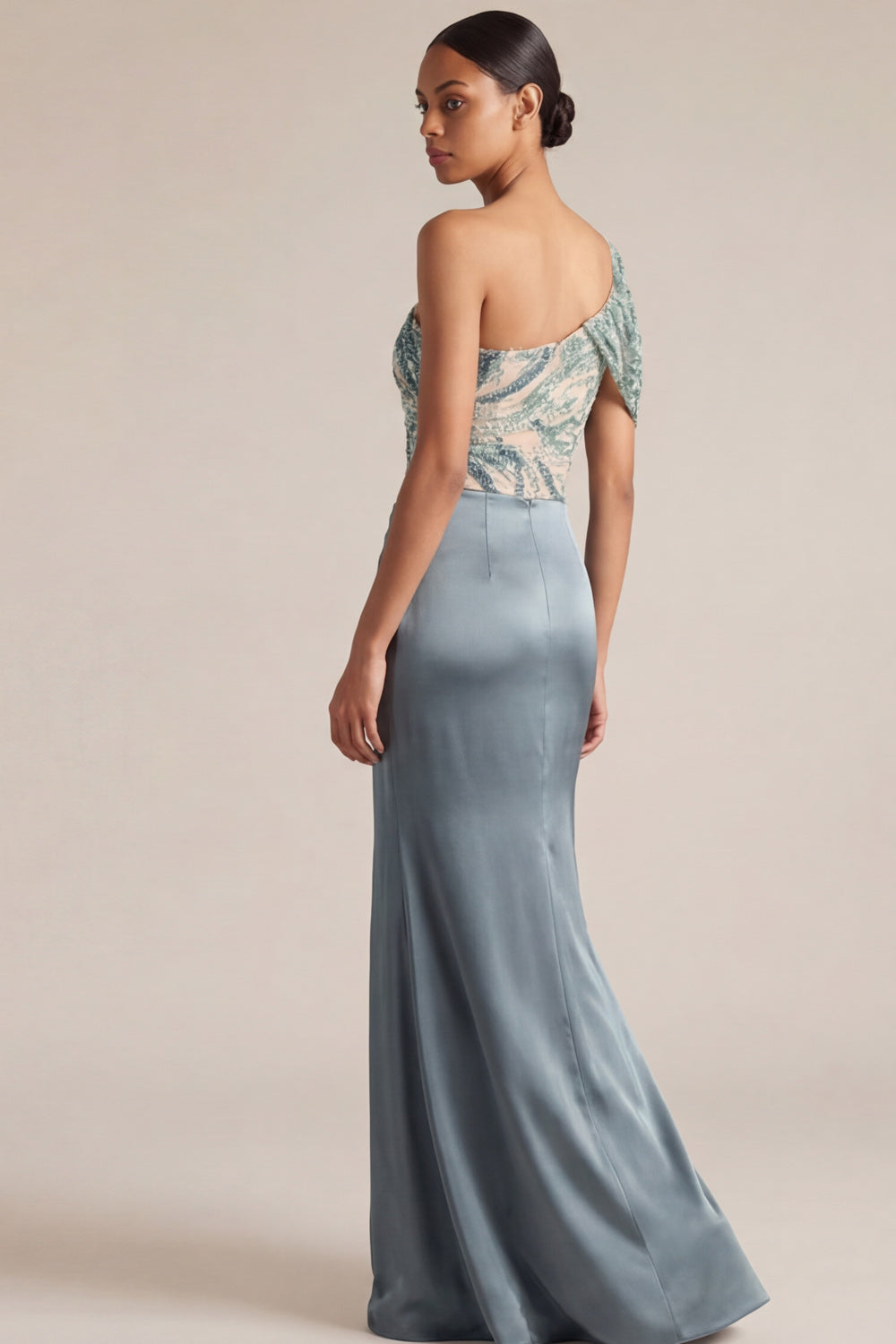 One Shoulder Ruched Dusty Blue Satin Long Wedding Guest Dress