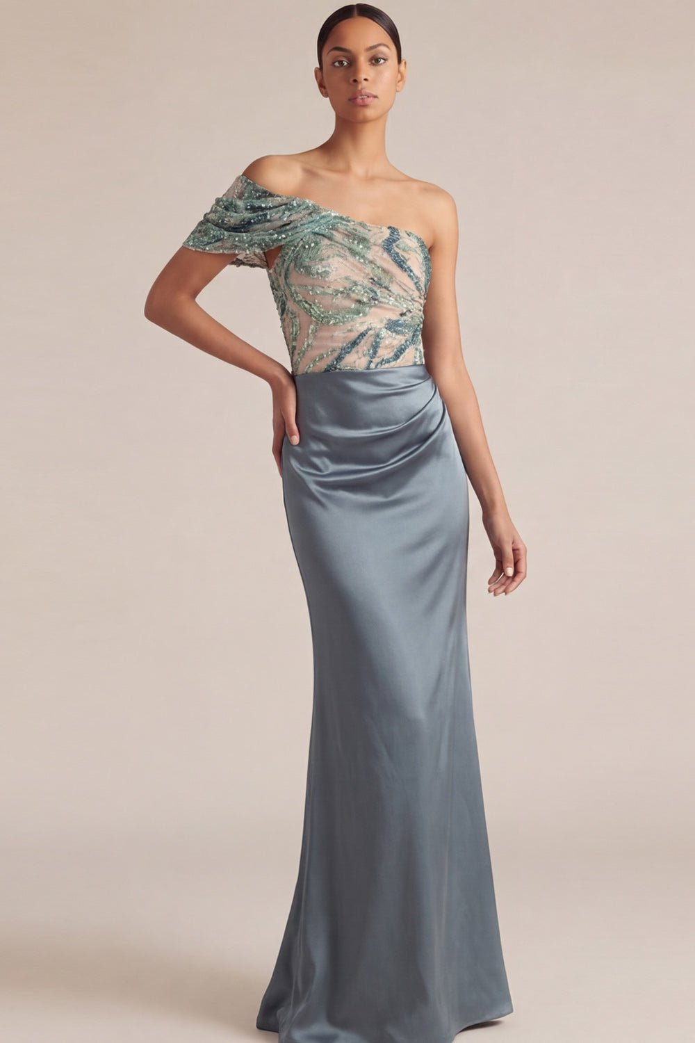 One Shoulder Ruched Dusty Blue Satin Long Wedding Guest Dress