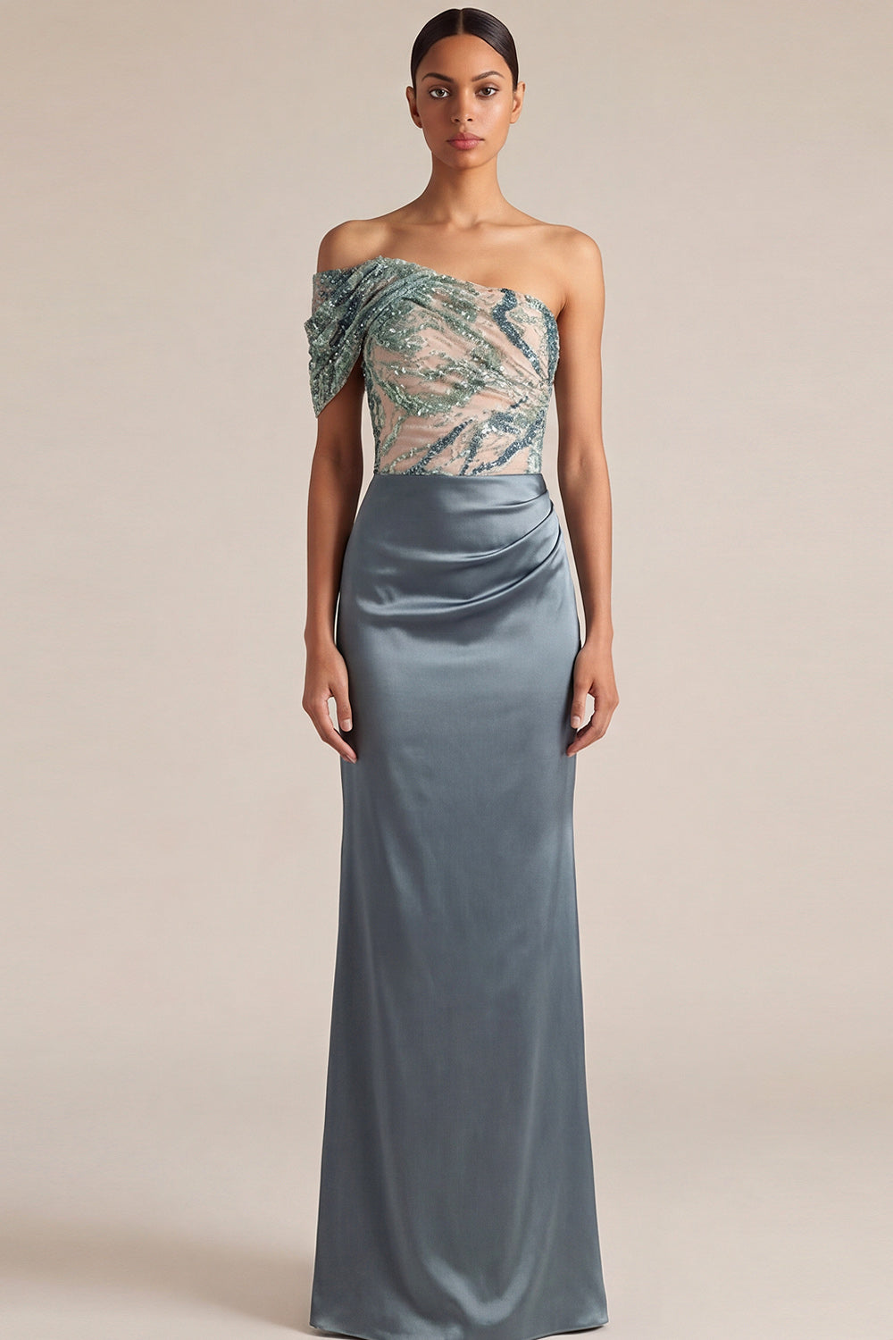 One Shoulder Ruched Dusty Blue Satin Long Wedding Guest Dress