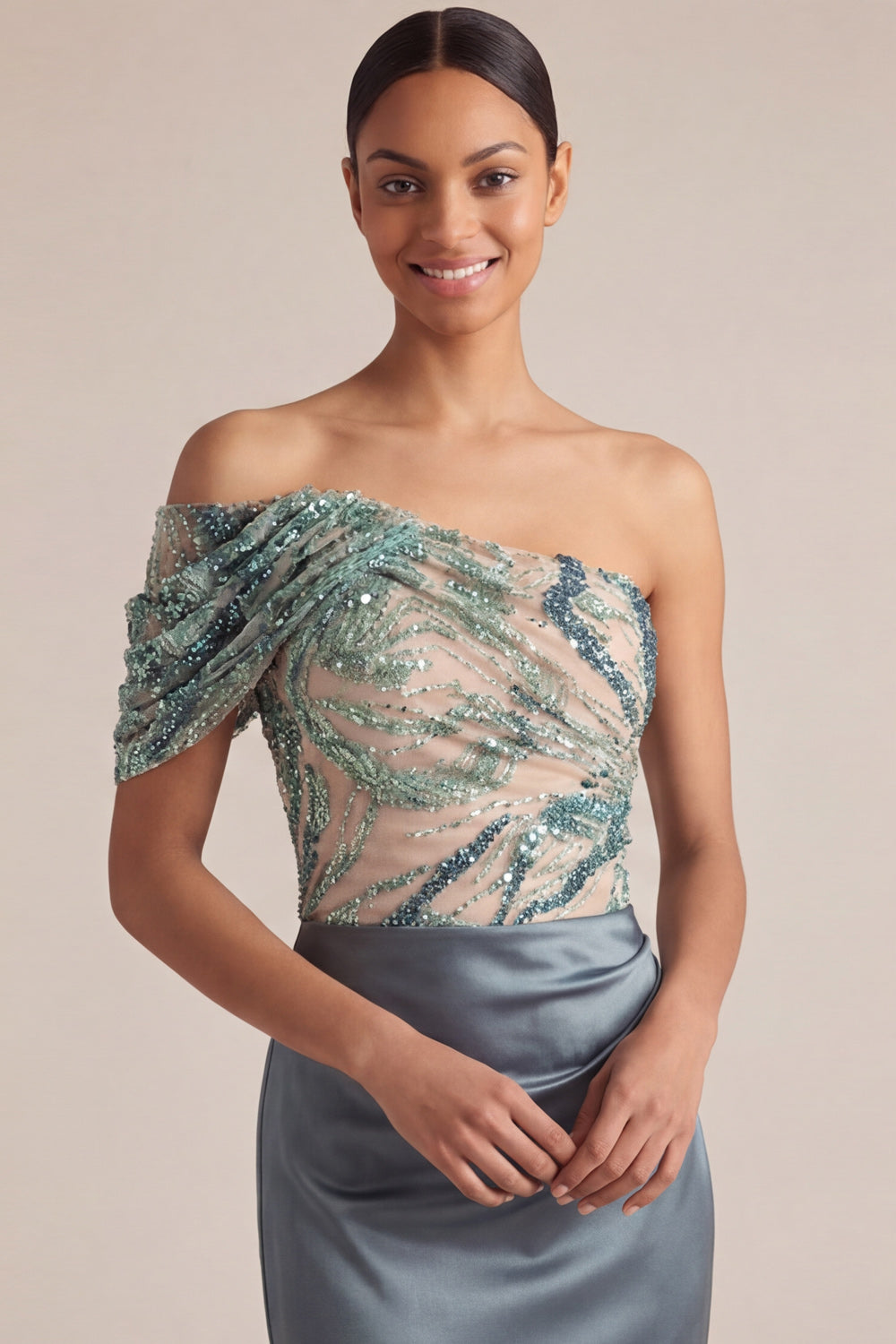 One Shoulder Ruched Dusty Blue Satin Long Wedding Guest Dress