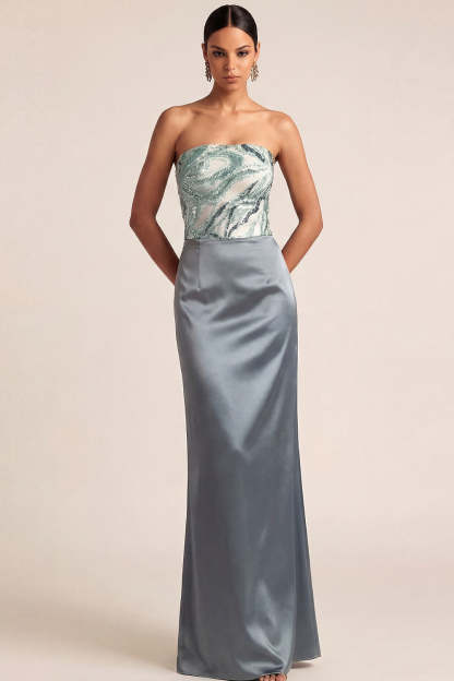 Leely Women Dusty Blue Satin Long Mermaid Wedding Guest Dress with Sequins Strapless Backless Sleeveless Evening Dress