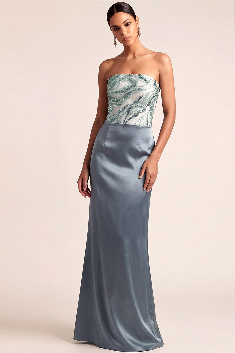 Strapless Dusty Blue Mermaid Long Wedding Guest Dress with Sequins