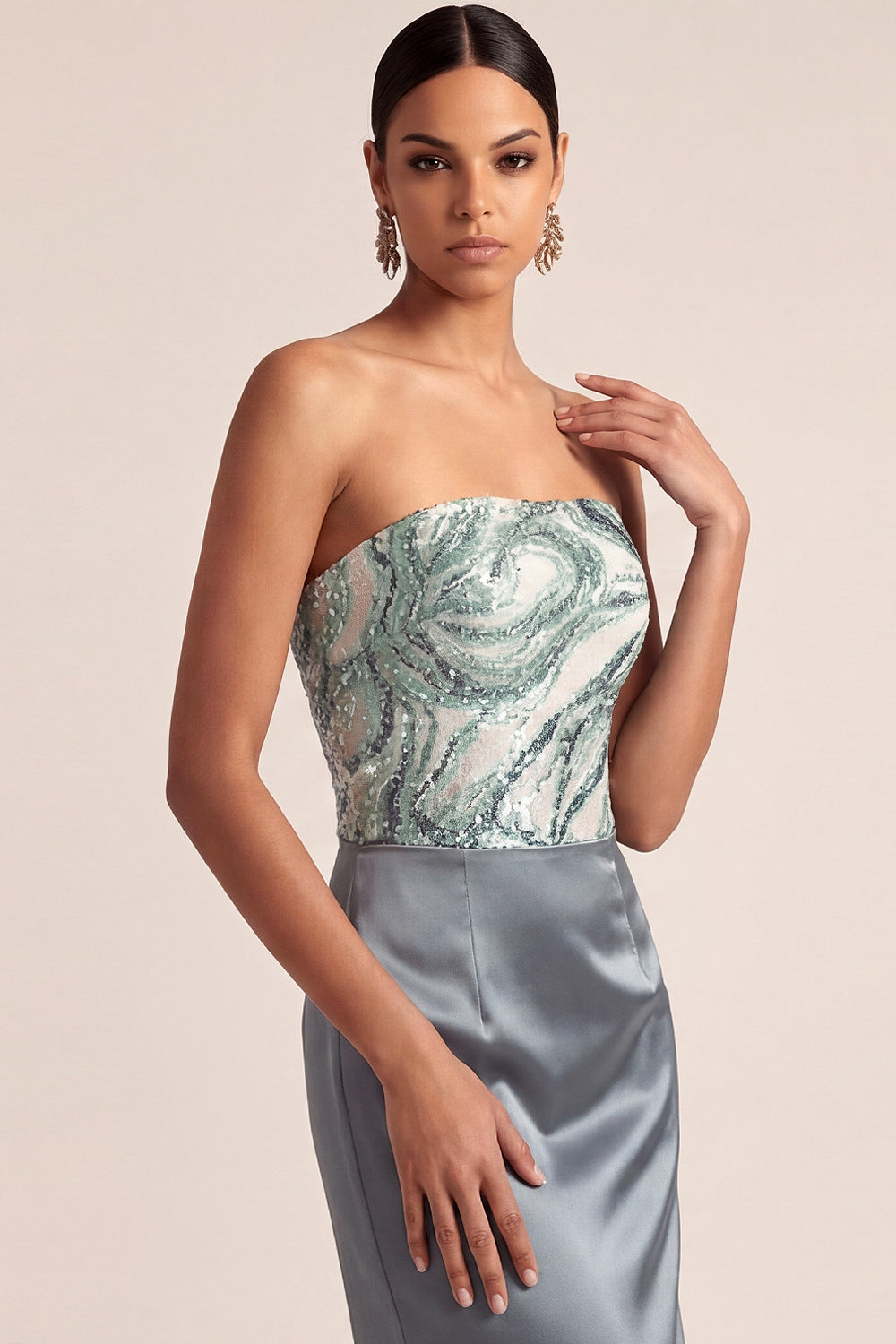 Strapless Dusty Blue Mermaid Long Wedding Guest Dress with Sequins