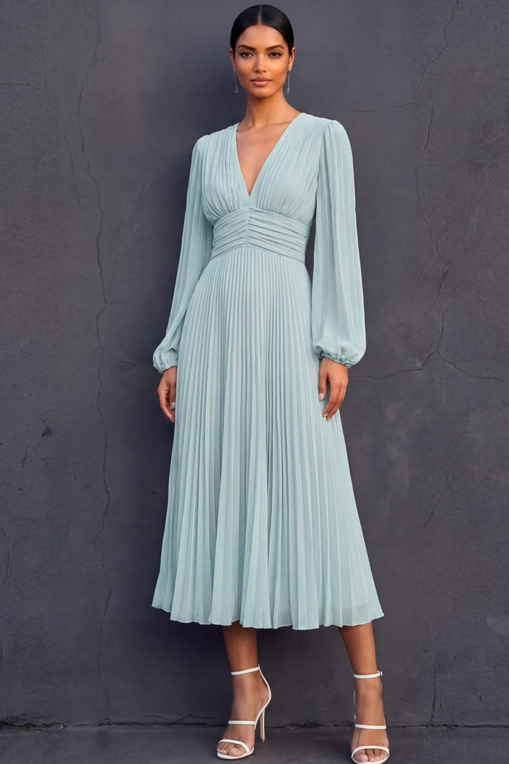 Leely Women Pleated Mint Green A Line Midi Wedding Guest Dress Long Sleeves V Neck Evening Dress