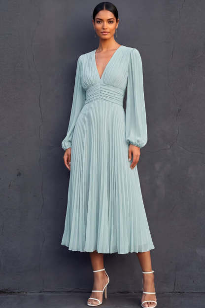 Leely Women Pleated Mint Green A Line Midi Wedding Guest Dress Long Sleeves V Neck Evening Dress