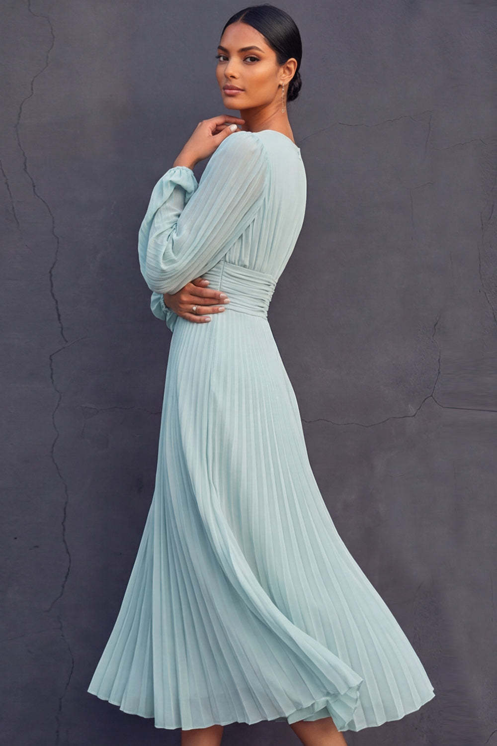 Pleated Mint Green A Line Midi Wedding Guest Dress