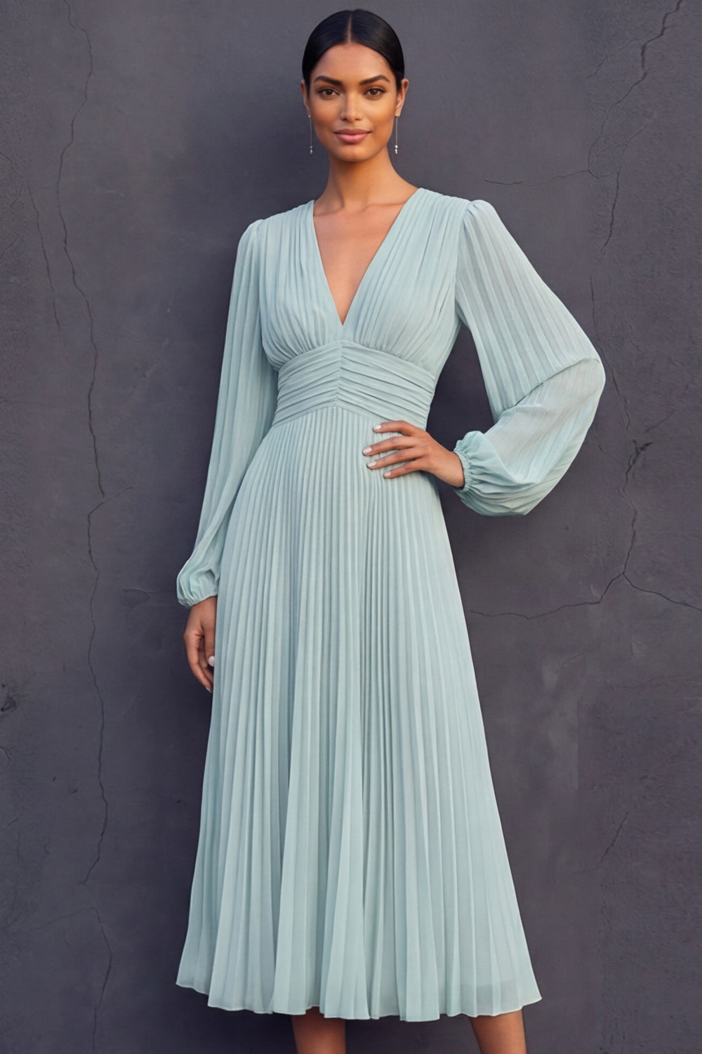 Pleated Mint Green A Line Midi Wedding Guest Dress