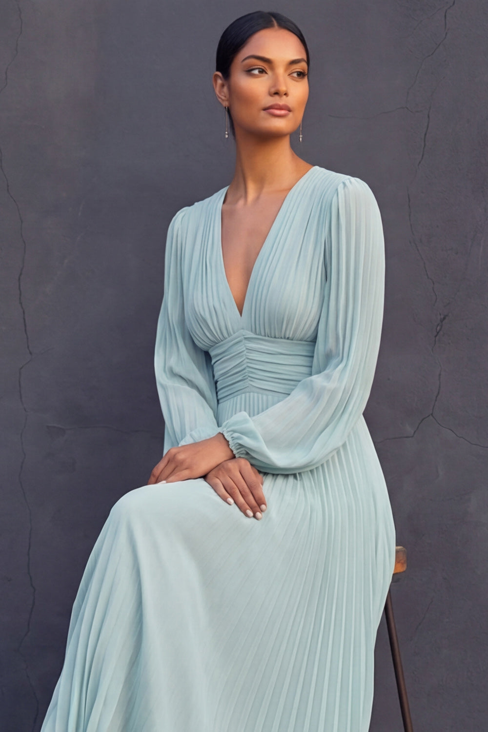 Pleated Mint Green A Line Midi Wedding Guest Dress