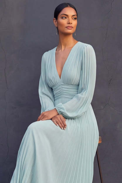 Pleated Mint Green A Line Midi Wedding Guest Dress