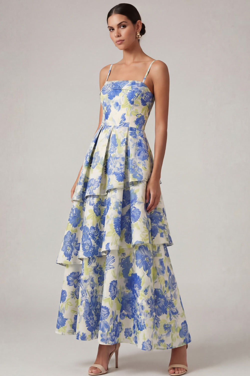 Blue Floral A Line Tiered Long Wedding Guest Dress