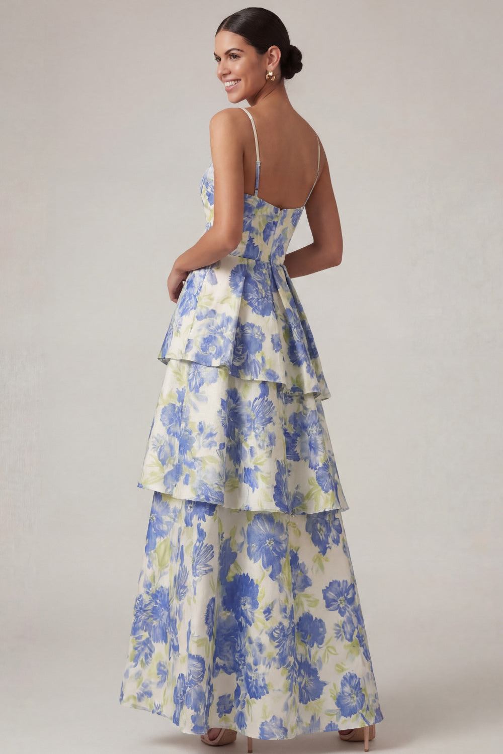 Blue Floral A Line Tiered Long Wedding Guest Dress
