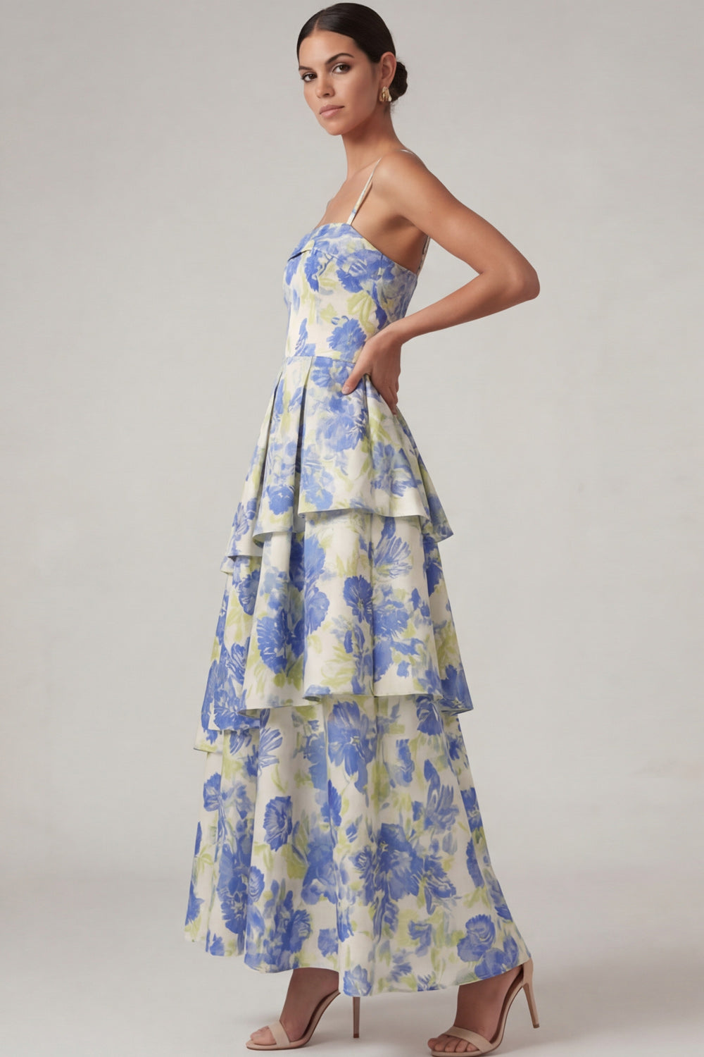 Blue Floral A Line Tiered Long Wedding Guest Dress