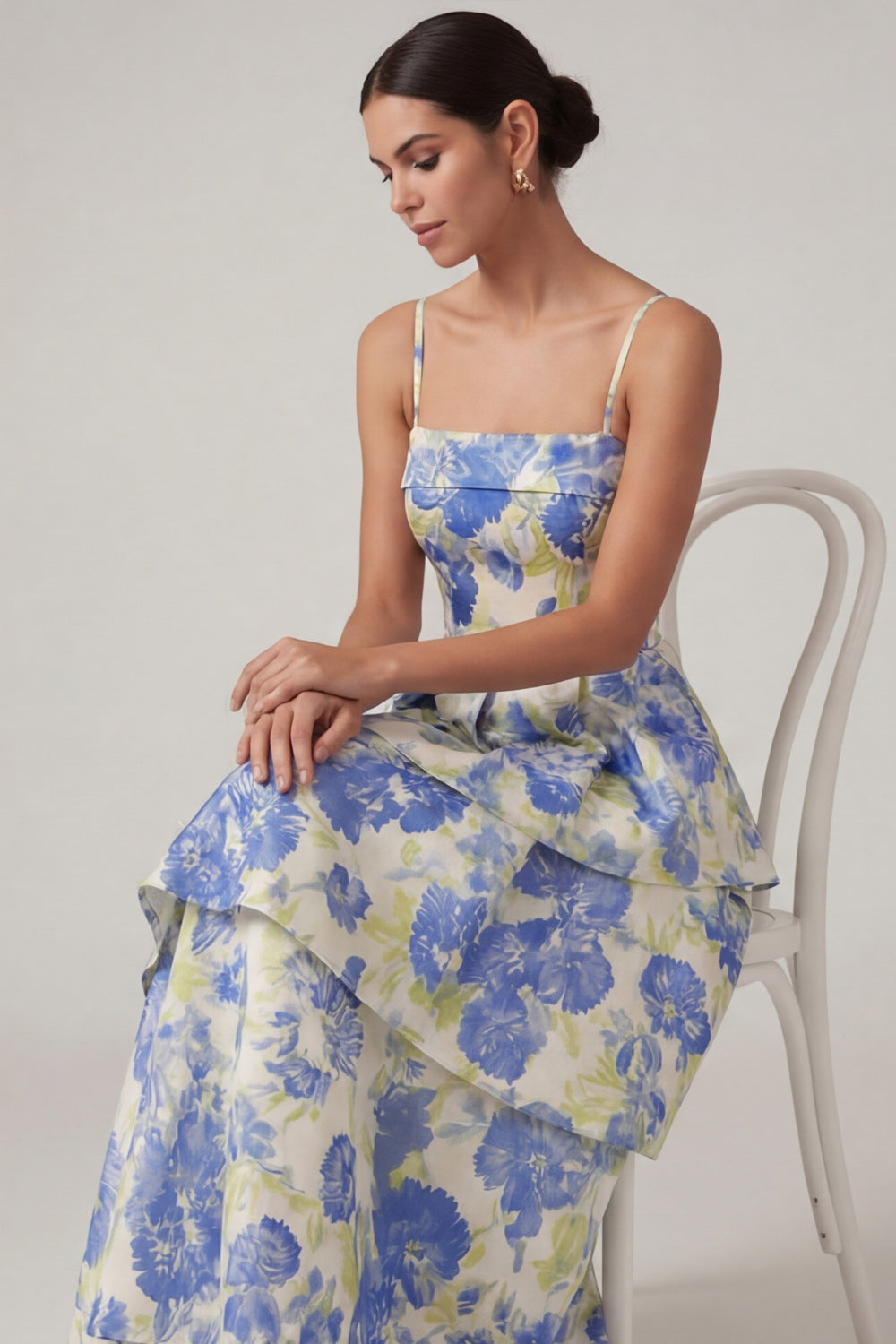 Blue Floral A Line Tiered Long Wedding Guest Dress