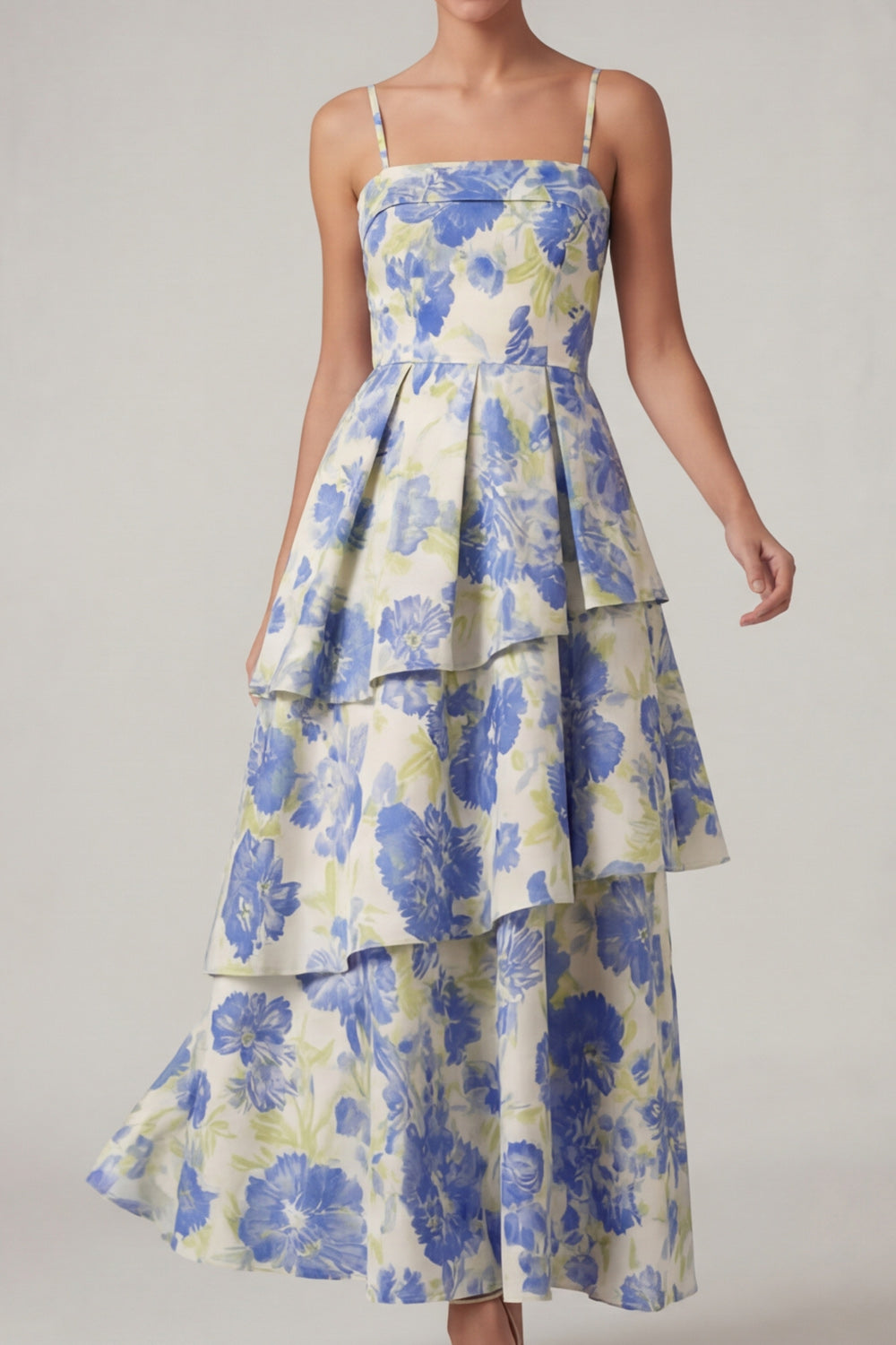 Blue Floral A Line Tiered Long Wedding Guest Dress