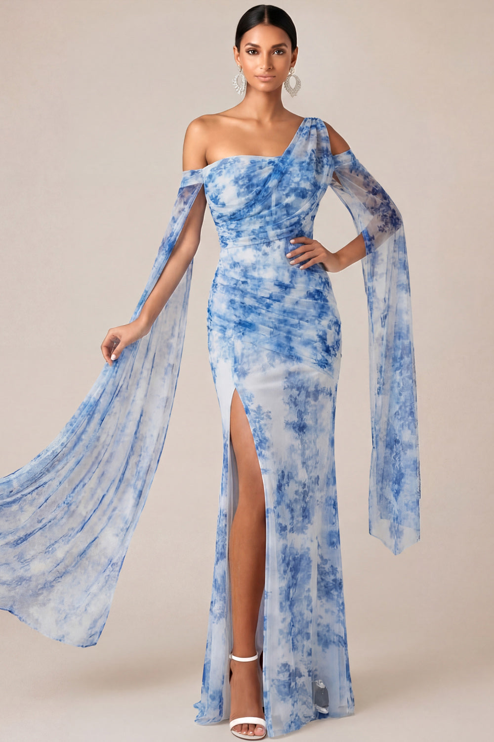 Blue Floral Sheath Long Wedding Guest Dress with Slit