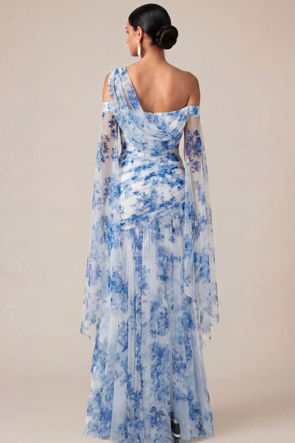 Blue Floral Sheath Long Wedding Guest Dress with Slit