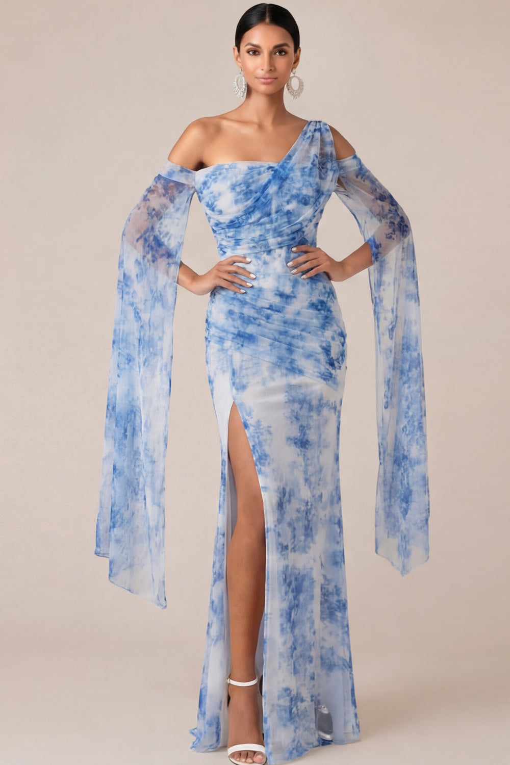 Blue Floral Sheath Long Wedding Guest Dress with Slit