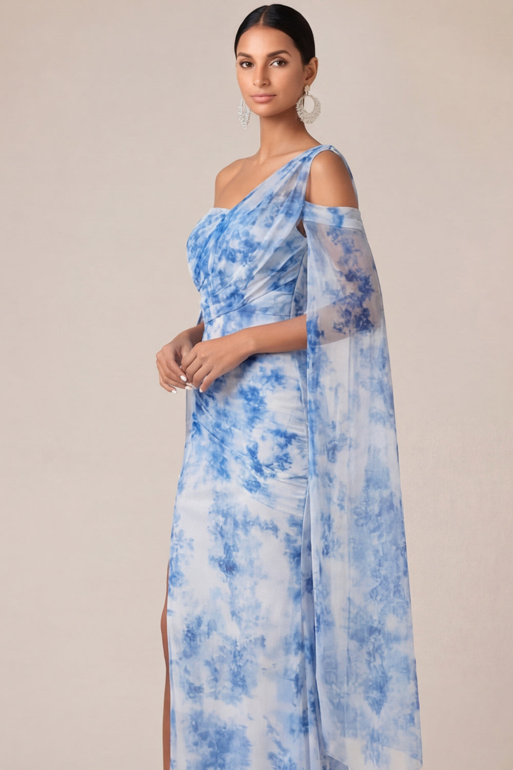 Blue Floral Sheath Long Wedding Guest Dress with Slit