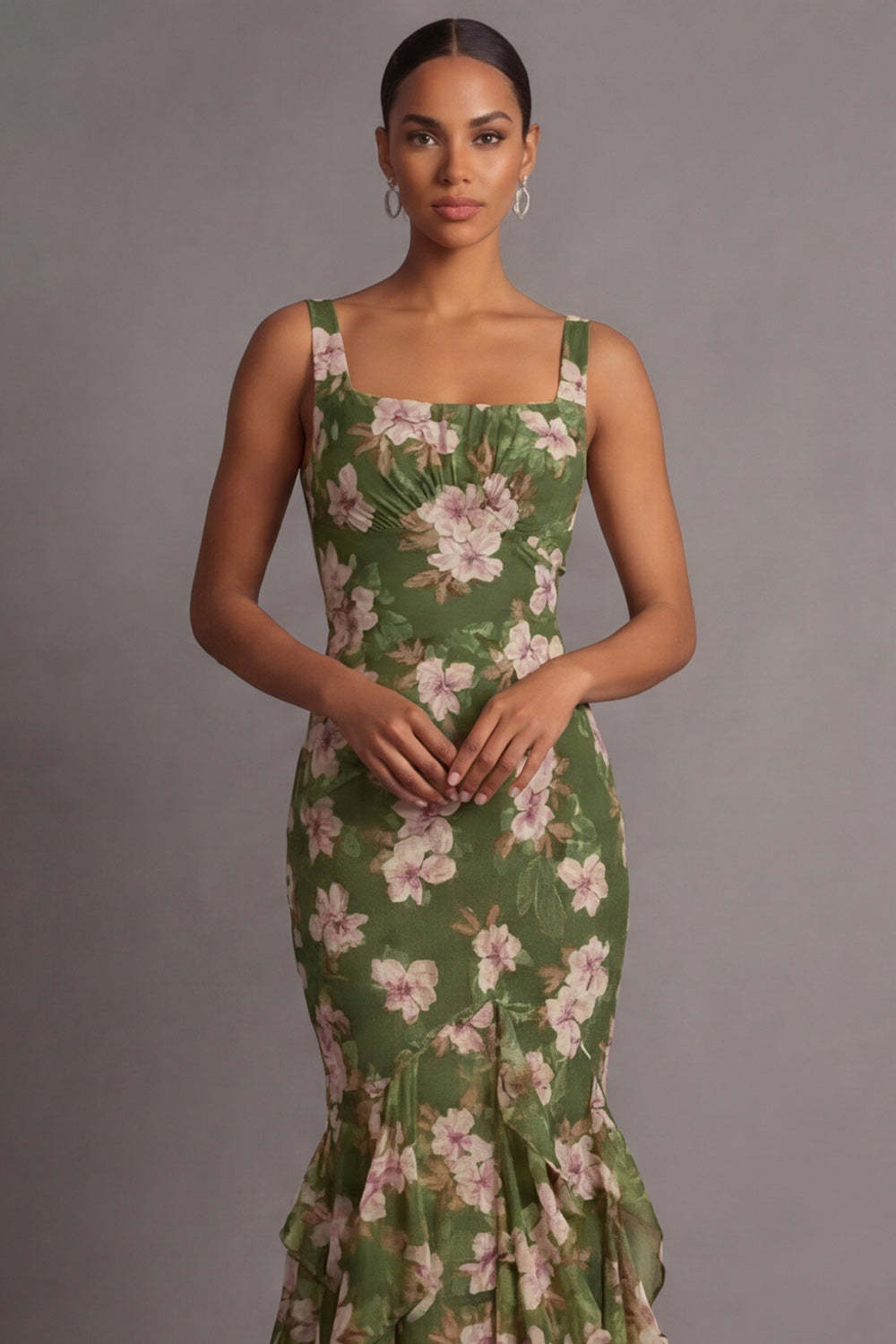 Olive Mermaid Ruffled Floral Wedding Guest Dress